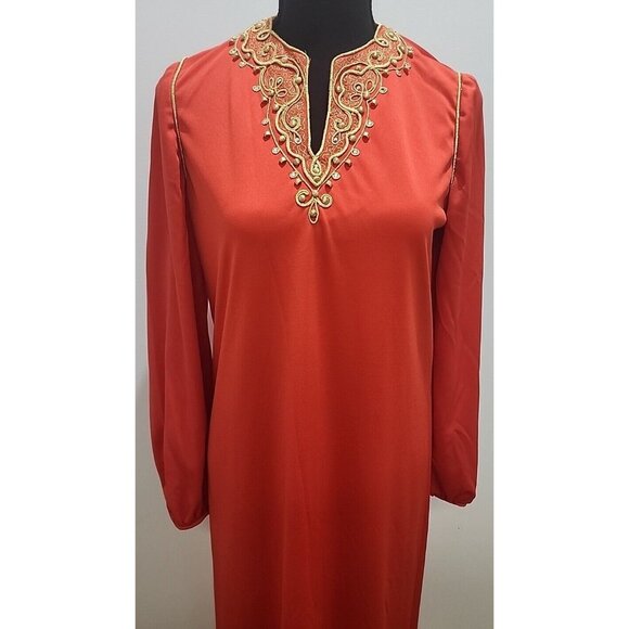 Vintage Embroidered Beaded Red & Gold Dress Gown by Jeannene Booher 80's Elegant - Picture 3 of 13